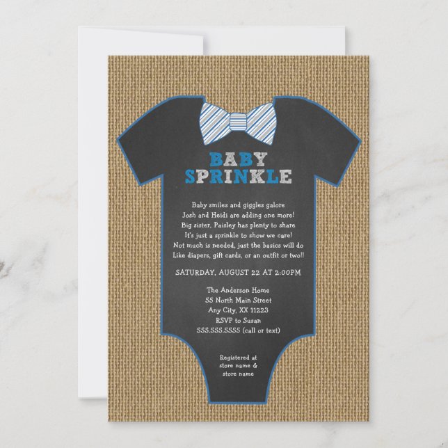 Rustic Burlap Bow Tie Shirt boy Baby Sprinkle Invitation (Front)