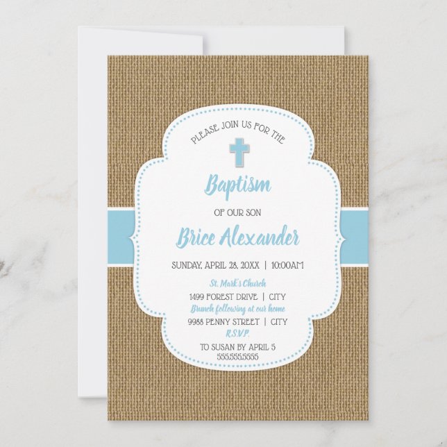 Rustic burlap boy baptism christening invite (Front)