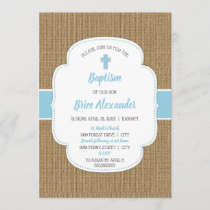 Rustic burlap boy baptism christening invite