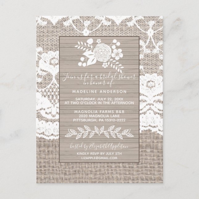 Rustic Burlap Bridal Shower Invitation Postcard (Front)