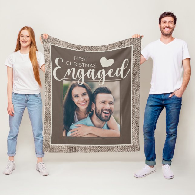 Rustic Burlap Brown 1st Christmas Engaged Photo Fleece Blanket (In Situ)