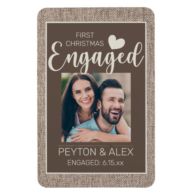 Rustic Burlap Brown 1st Christmas Engaged Photo  Magnet (Vertical)