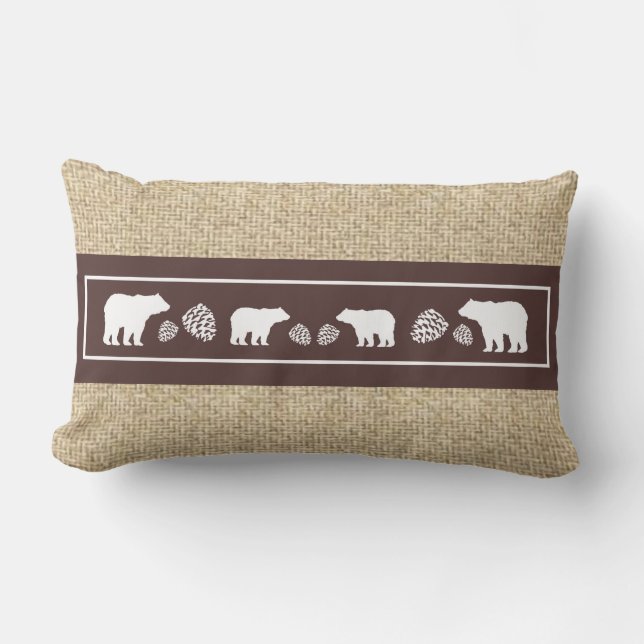 Rustic burlap brown white bear pinecone pillow (Front)