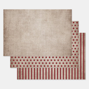 Rustic Burlap Burgundy Polka Dots Stripes Solid Wrapping Paper Sheet