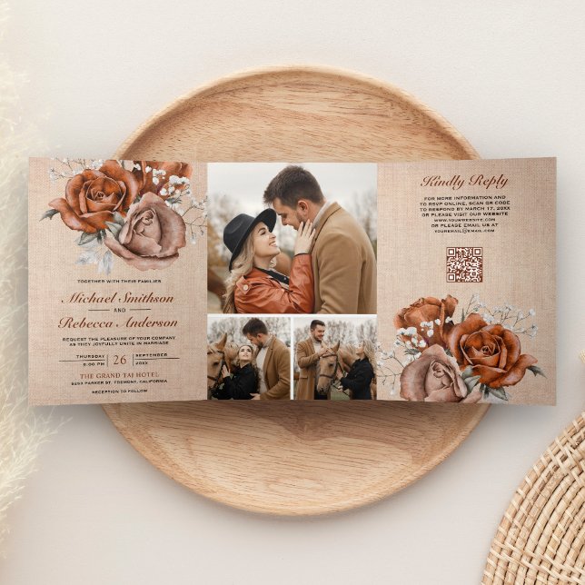 Rustic Burlap Burnt Orange Rose QR Code Wedding Tri-Fold Invitation (Creator Uploaded)