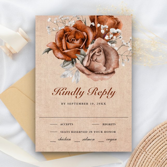 Rustic Burlap Burnt Orange Rose Terracotta Wedding RSVP Card (Creator Uploaded)