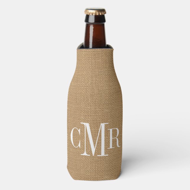 Rustic Burlap Classic Monogram Bottle Cooler (Bottle Front)