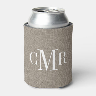 Rustic Burlap Classic Monogram Can Cooler