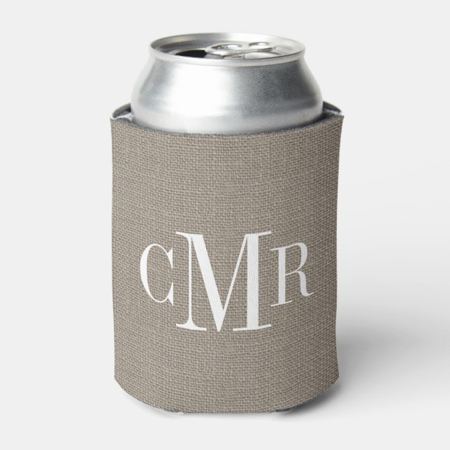 Rustic Burlap Classic Monogram Can Cooler (Can Front)