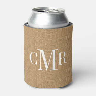 Rustic Burlap Classic Monogram Can Cooler