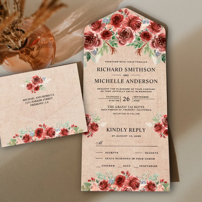Rustic Burlap Country Marsala Floral Bloom Wedding All In One Invitation (Creator Uploaded)