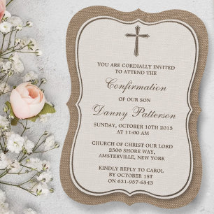 Rustic Burlap Cross Holy Communion Or Confirmation Invitation