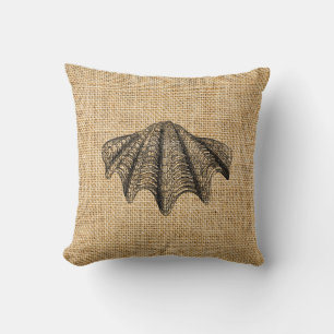 Rustic Burlap Custom Seashells Throw Pillows