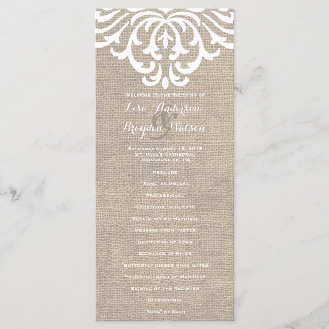 Rustic Burlap Damask Vintage Wedding Program Programme (Front)