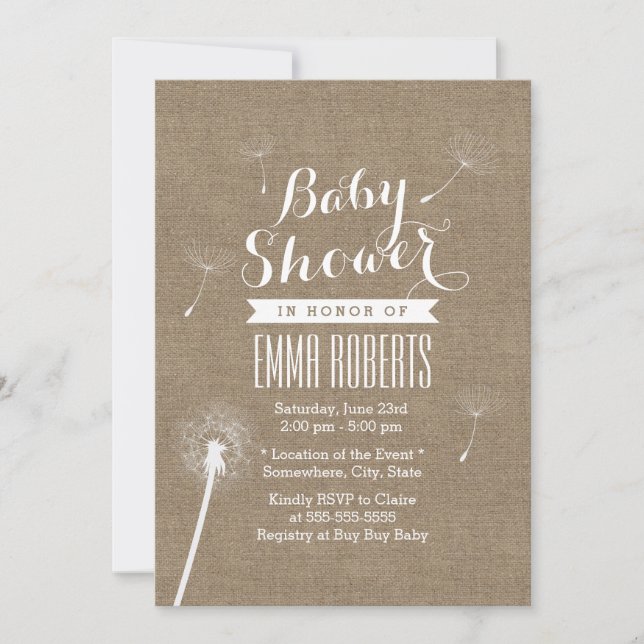 Rustic Burlap Dandelion Baby Shower Invitations (Front)