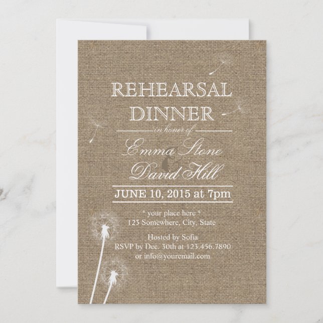 Rustic Burlap Dandelion Rehearsal Dinner Invitation (Front)