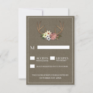 Rustic Burlap Deer Antler Wedding RSVP Cards