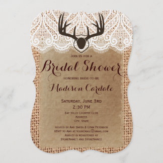 Rustic Burlap Deer Antlers Bridal Shower Invites
