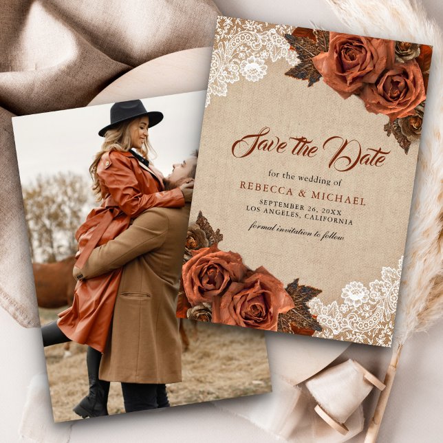 Rustic Burlap Dusty Terracotta Rose Wedding Photo Save The Date (Creator Uploaded)