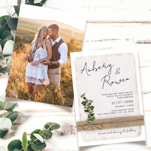 Rustic Burlap Eco Eucalyptus Boho Photo Wedding Invitation (Creator Uploaded)