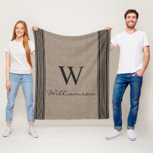 Rustic Burlap Farmhouse Ticking Stripe Monogram Fleece Blanket