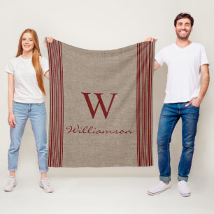 Rustic Burlap Farmhouse Ticking Stripe Monogram Fleece Blanket