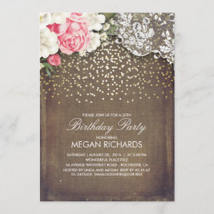 Rustic Burlap Floral Lace Gold Birthday Party Invitation