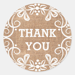 Rustic Burlap Floral Swirls Thank You Classic Round Sticker