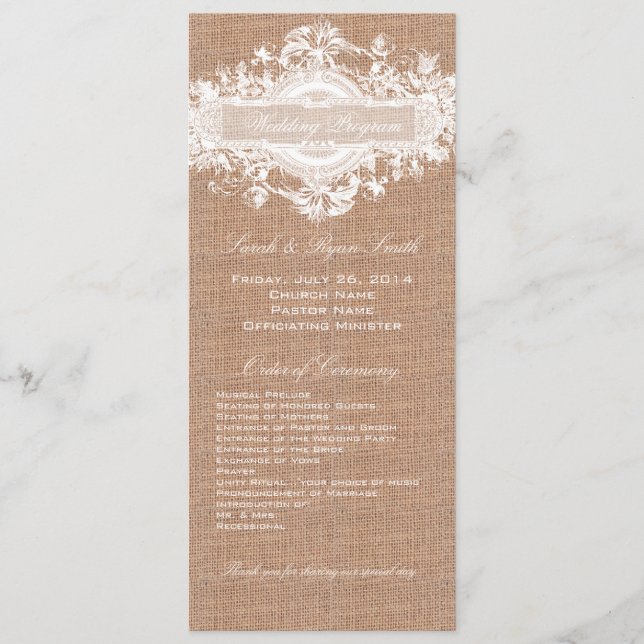 RUSTIC BURLAP FLORAL WEDDING PROGRAM PROGRAMME (Front)