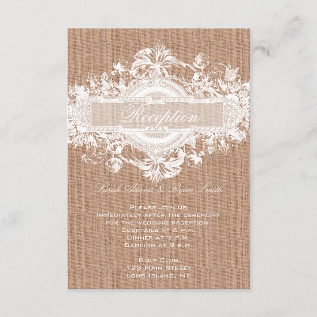 RUSTIC BURLAP FLORAL WEDDING RECEPTION CARDS (Front)