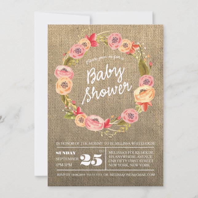 Rustic Burlap Floral Wreath BABY Shower Invite (Front)