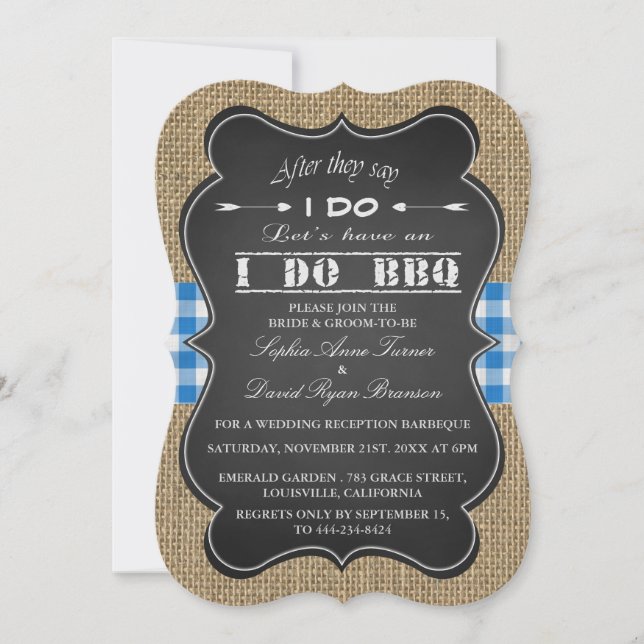 Rustic Burlap, Gingam & Chalkboard I DO BBQ Custom Invitation (Front)