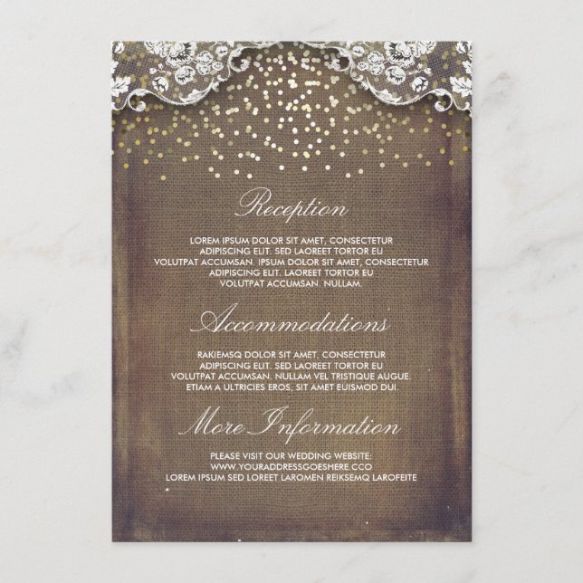 Rustic Burlap Gold Confetti Lace Wedding Details Enclosure Card (Front)