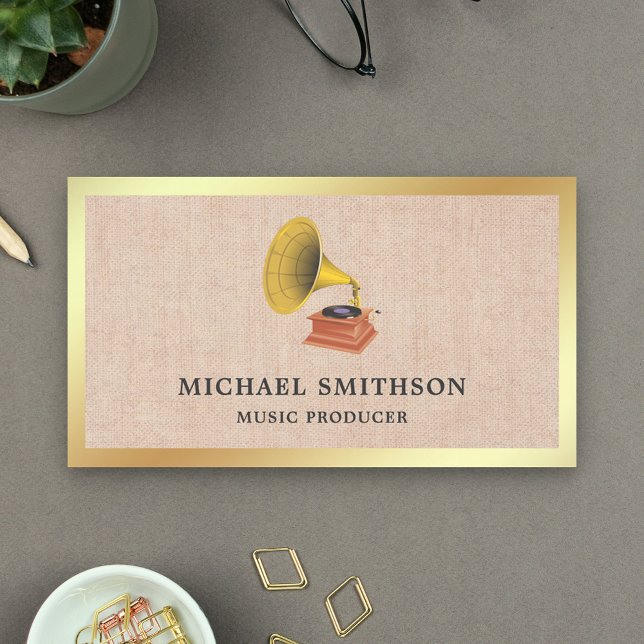 Rustic Burlap Gold Foil Gramophone Music Producer Business Card (Creator Uploaded)