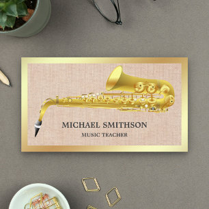 Rustic Burlap Gold Foil Saxophone Music Teacher Business Card