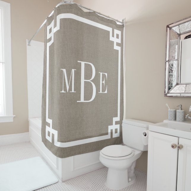 Rustic Burlap Greek Key Border Monogram Shower Curtain (In Situ)