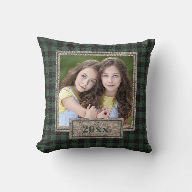 Rustic Burlap Green Buffalo Plaid Christmas Photo Cushion (Front)