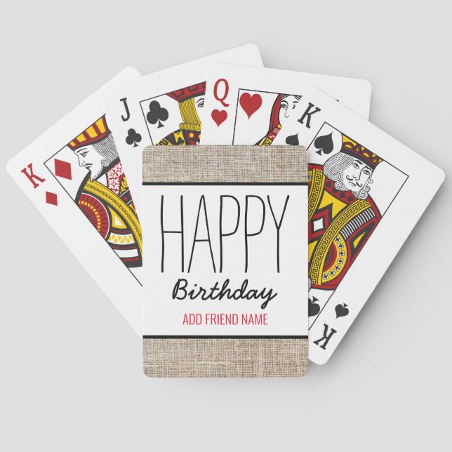 Rustic Burlap Happy Birthday Personalized Playing Cards (Back)