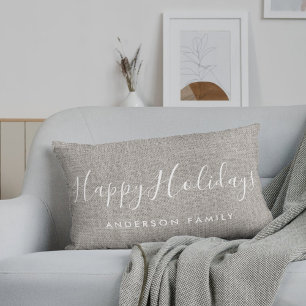 Rustic Burlap Happy Holidays Family Name Lumbar Cushion