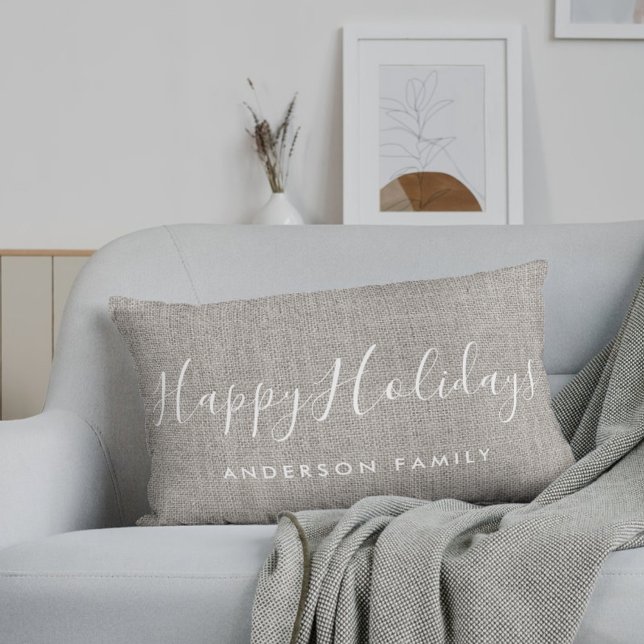 Rustic Burlap Happy Holidays Family Name Lumbar Cushion (Creator Uploaded)