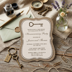 Rustic Burlap Heart Key New Home Housewarming Invitation