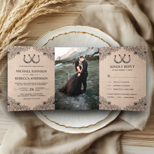 Rustic Burlap Horseshoes Lace Wedding Photo Tri-Fold Invitation (Creator Uploaded)