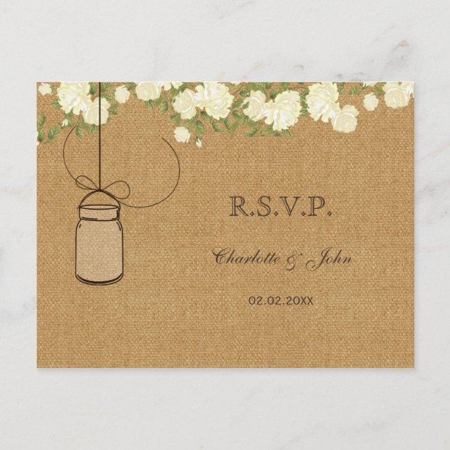 rustic burlap ivory roses wedding RSVP Invitation Postcard (Front)