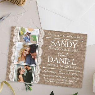 Rustic Burlap & Lace 3 Custom Photo Wedding Shower Invitation