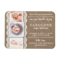 Rustic Burlap & Lace | 3 Photo Birth Announcement