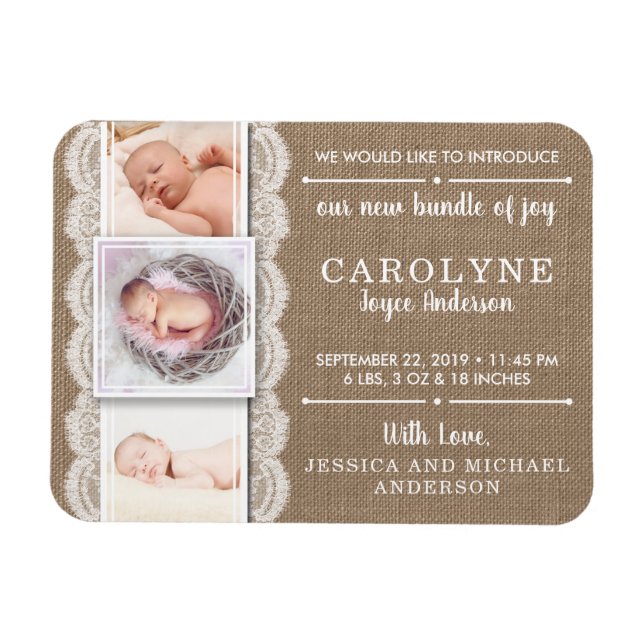 Rustic Burlap & Lace | 3 Photo Birth Announcement Magnet (Horizontal)
