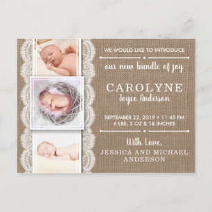 Rustic Burlap & Lace   3 Photo Birth Announcement Postcard