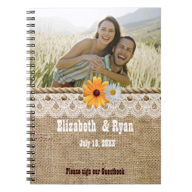 Rustic Burlap, Lace and Rope,Wedding Guest Sign In Notebook (Front)