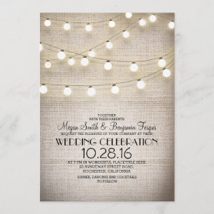 Rustic Burlap Lace and String Lights Wedding Invitation