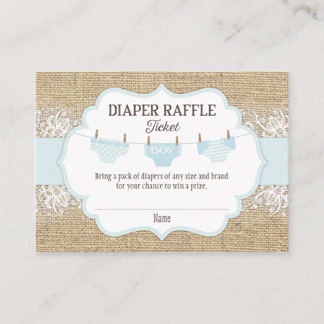 Rustic Burlap Lace Blue Boy Diaper Raffle Ticket Enclosure Card (Front)